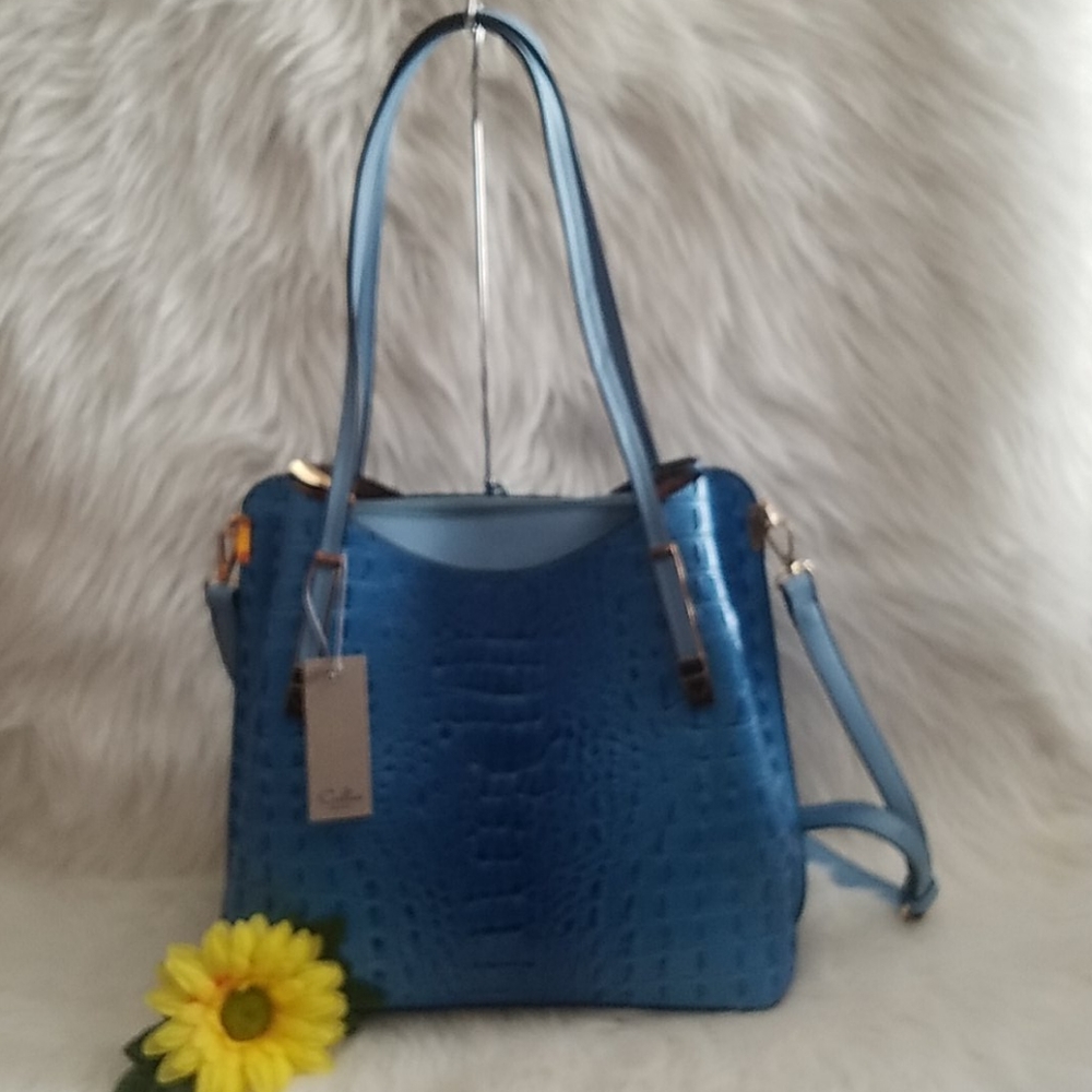 BLUE EMBOSSED SHOULDER BAG